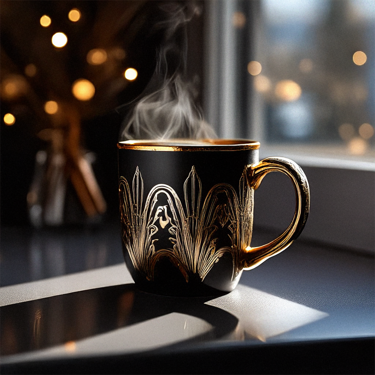 Elegant black mug with gold accents, perfect for coffee lovers seeking stylish cups and mugs for everyday use and enjoyment.