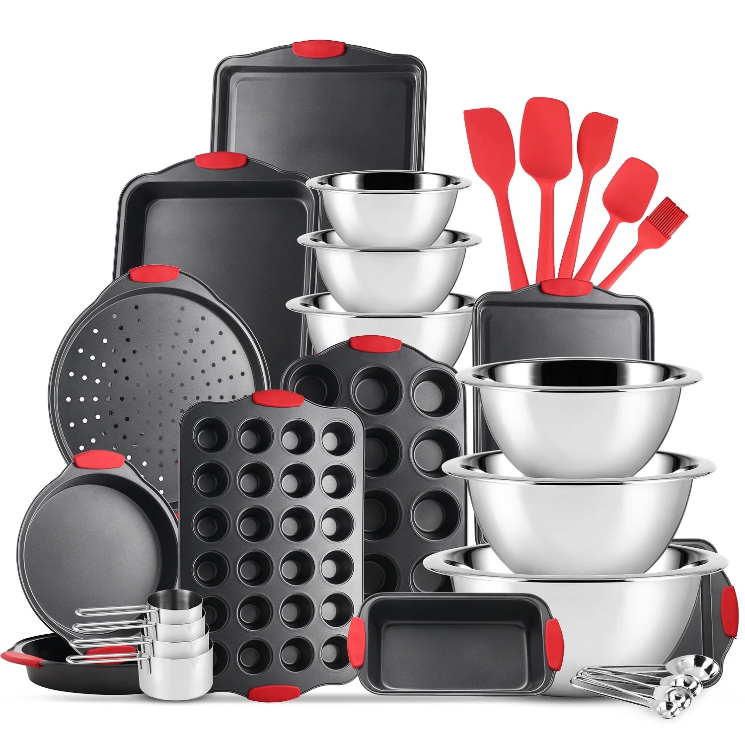 Bakeware Set-29 Piece Nonstick Set with Stainless Steel Mixing Includes Bowls, Baking Pans, Measuring Cups & Spoons and Silicone Spatulas, Black