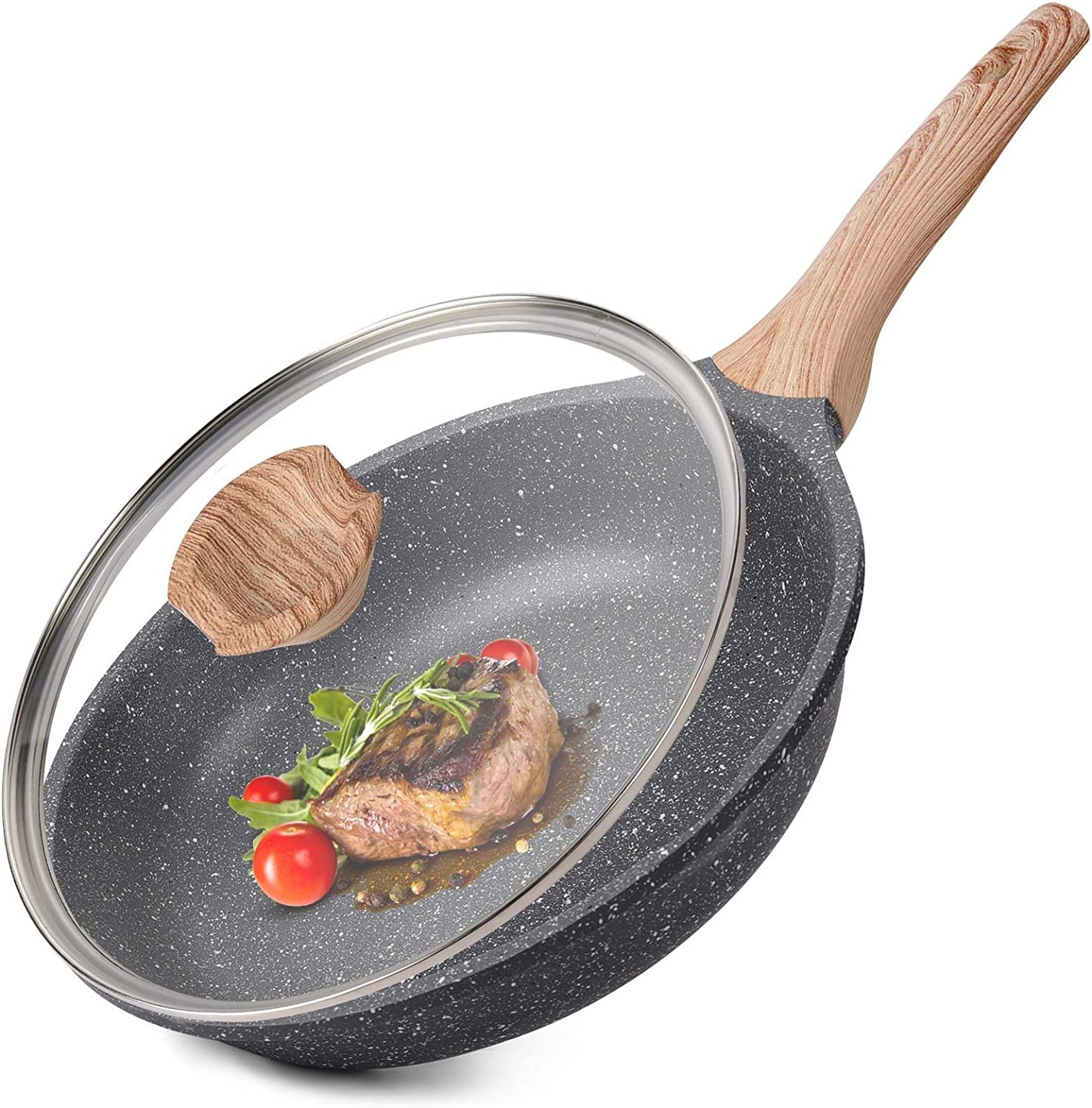 Nonstick Granite Frying Pan Skillet, Non Stick Omelette Fry Pans, Omelet Egg Pan, Stone Cookware Chef'S Pan, Induction Compatible, PFOA Free (Gray, 9.5 Inch with Lid)