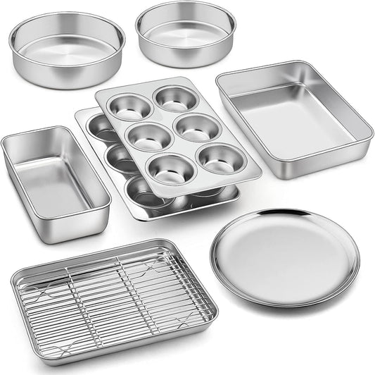 9-Piece Stainless Steel Bakeware Set - Includes Toaster Oven Pan, Cooling Rack, Lasagna Pan, Round Cake Pans, Muffin Pan, Loaf Pan, and Pizza Pan - Healthy, Durable, and Dishwasher Safe