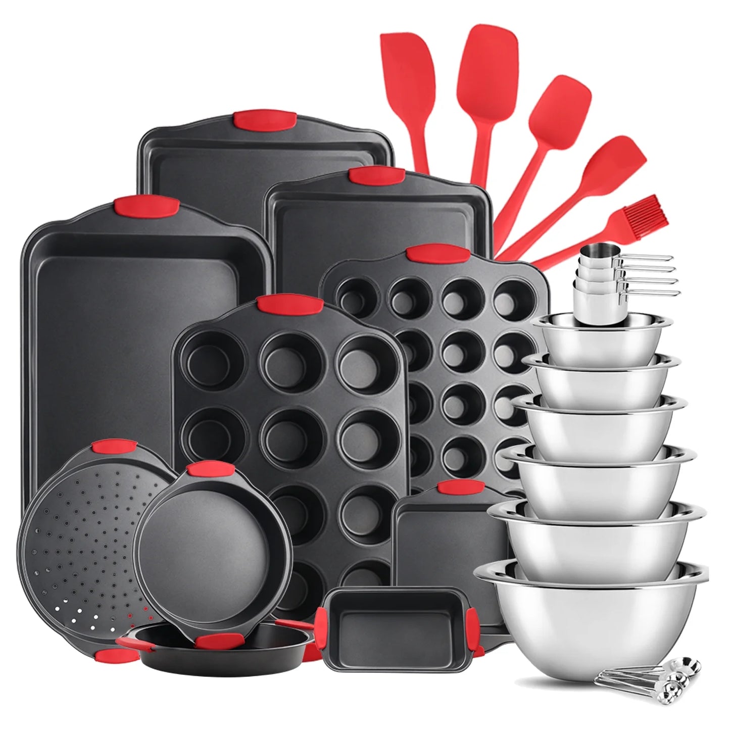 Bakeware Set-29 Piece Nonstick Set with Stainless Steel Mixing Includes Bowls, Baking Pans, Measuring Cups & Spoons and Silicone Spatulas, Black