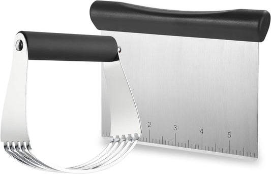 Dough Blender & Pastry Cutter Tool, Stainless Steel Pastry Blender & Bench Scraper for Pizza, Nut, Pie - Multipurpose Dough Cutter & Scraper Tool for Baking with Soft Grip Handles - Black