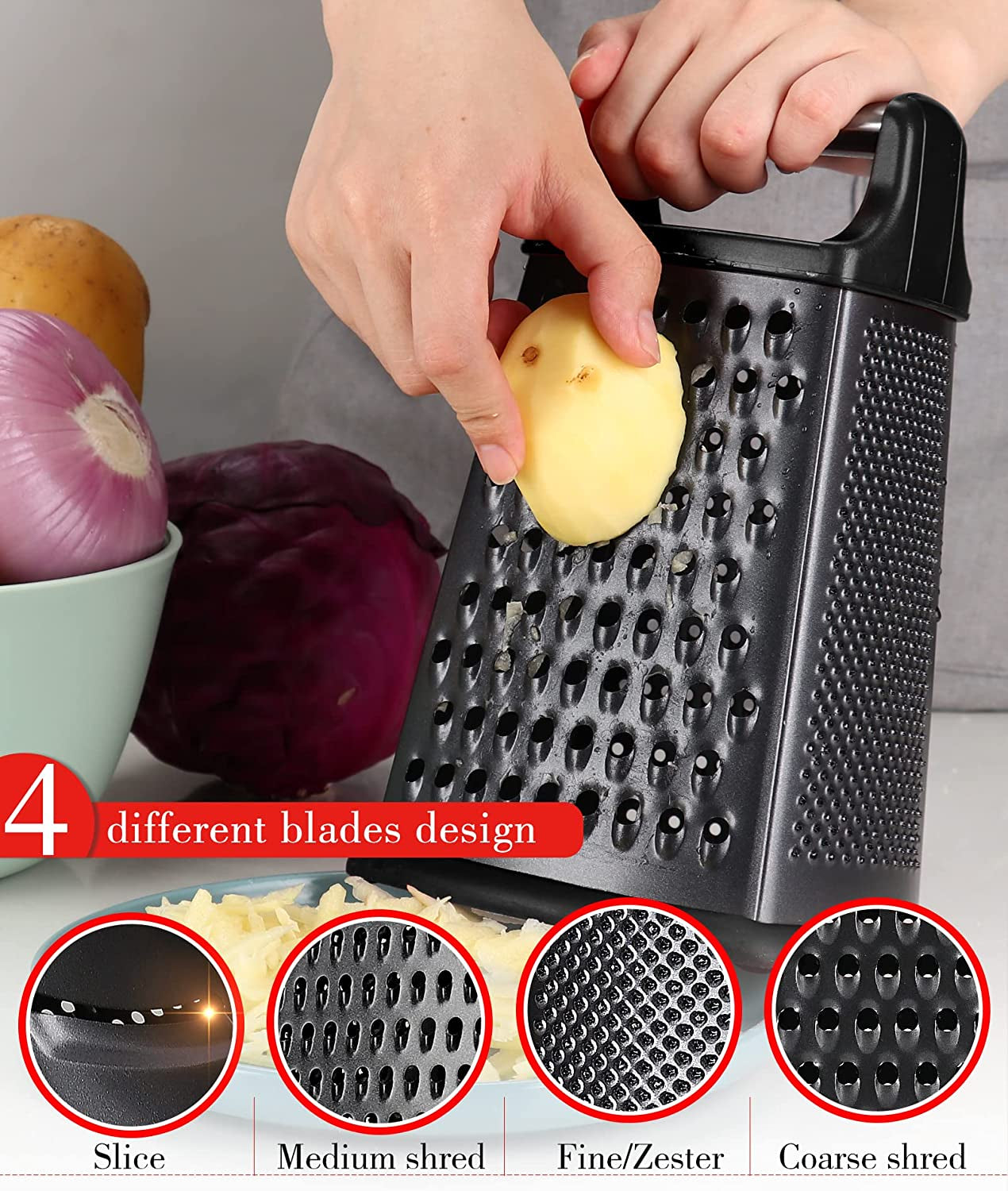 Cheese Grater with Handle, Stainless Steel Box Grater, 4 Side Kitchen Vegetable Shredder Slicer Zester with Container for Parmesan, Cabbage, Ginger, Lemon, Chocolate, Coconut,10 Inch (Black)