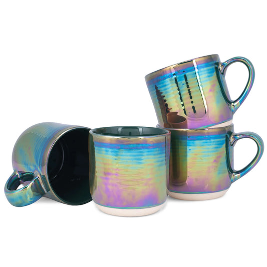 Emerald Green Glossy Iridescent Rainbow Reactive Glaze 17 Ounce Stoneware Coffee Cup Mugs Set of 4