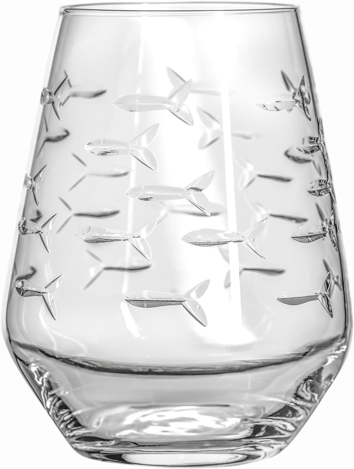 | School of Fish Stemless Tumbler | Stemless Wine Glasses 18Oz | Lead-Free Glass | Engraved and Polished in Pennsylvania | US Made (Set of 4)