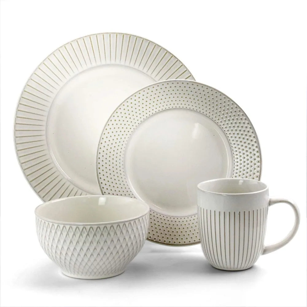 Elegant Embossed White Stoneware Dinner Set