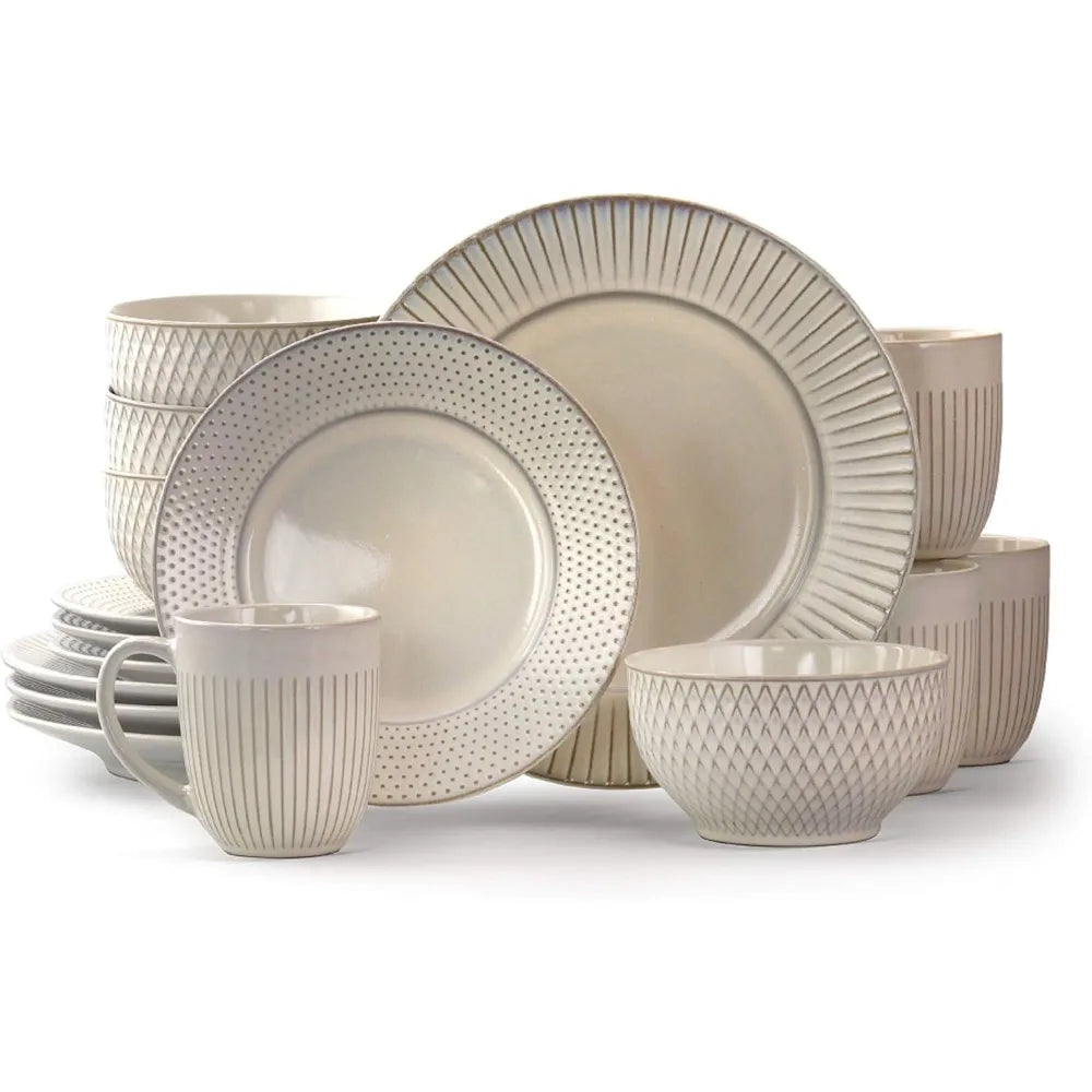 Elegant Embossed White Stoneware Dinner Set