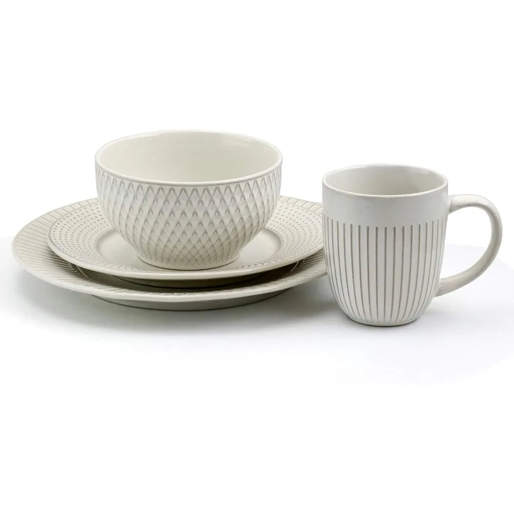 Elegant Embossed White Stoneware Dinner Set