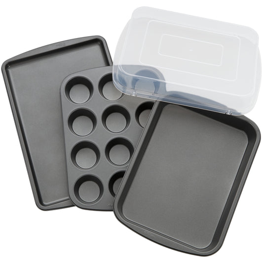 Nonstick Cookie Sheet, Muffin Pan, Oblong Pan and Cover Bakeware Set, 4-Piece