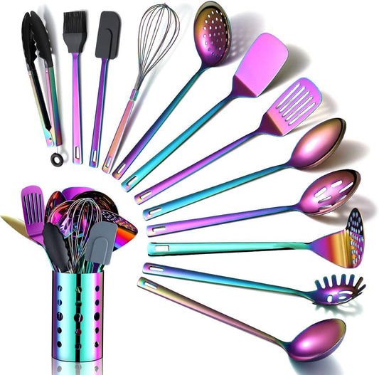 Rainbow Kitchen Utensils Set,13 Pieces Stainless Steel Cooking Utensils Set with Titanium Rainbow Plating,Kitchen Tools Set with Utensil Holder for Non-Stick Cookware Dishwasher Safe (13 Packs)