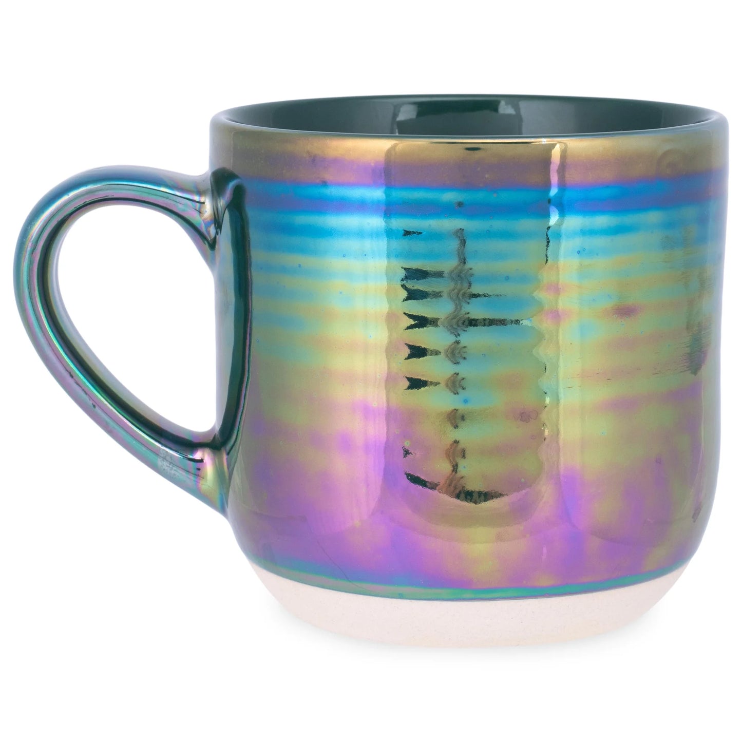 Emerald Green Glossy Iridescent Rainbow Reactive Glaze 17 Ounce Stoneware Coffee Cup Mugs Set of 4