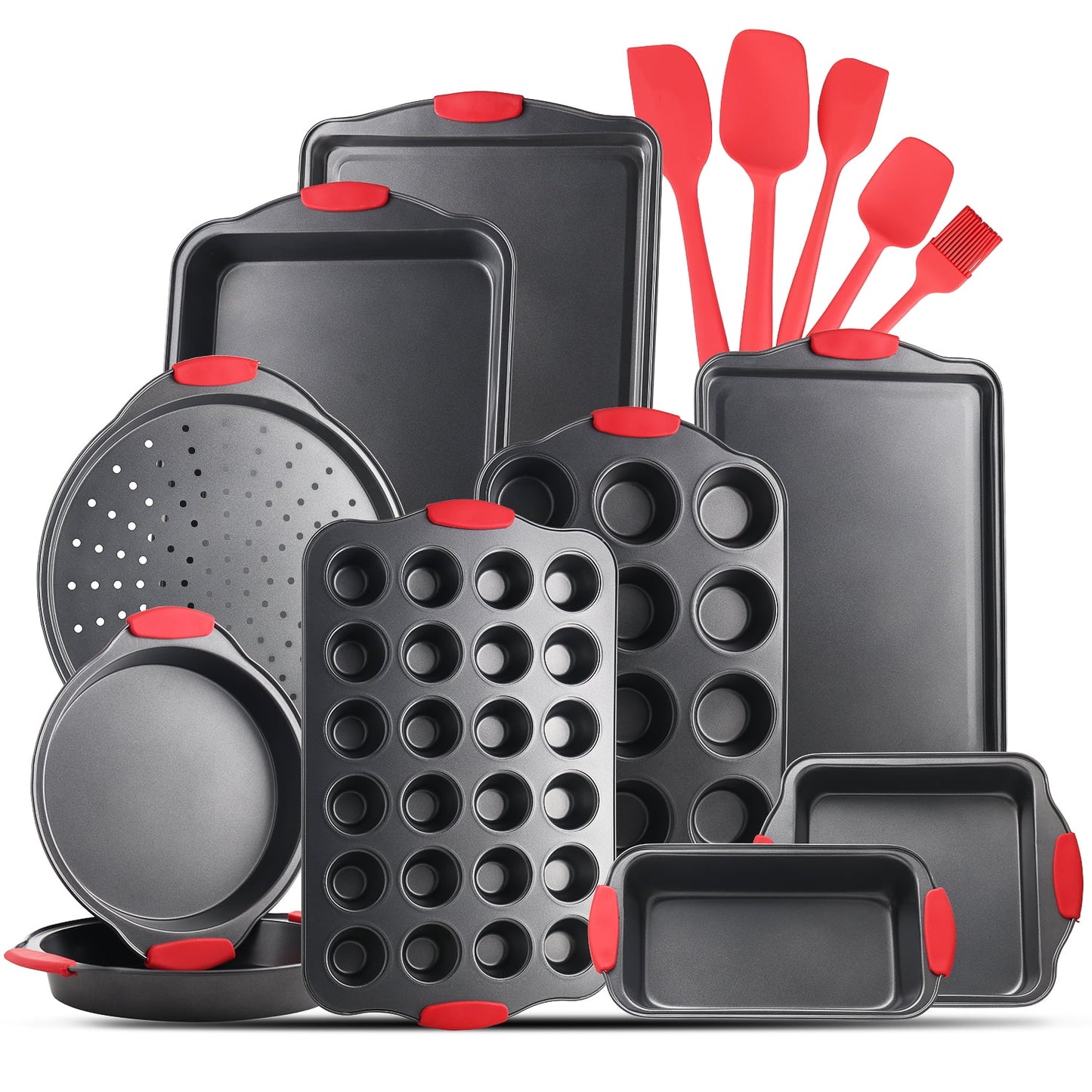 Bakeware Set-29 Piece Nonstick Set with Stainless Steel Mixing Includes Bowls, Baking Pans, Measuring Cups & Spoons and Silicone Spatulas, Black