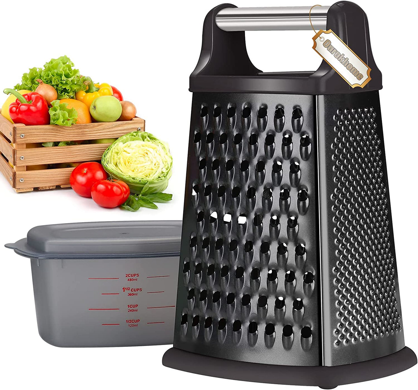 Cheese Grater with Handle, Stainless Steel Box Grater, 4 Side Kitchen Vegetable Shredder Slicer Zester with Container for Parmesan, Cabbage, Ginger, Lemon, Chocolate, Coconut,10 Inch (Black)