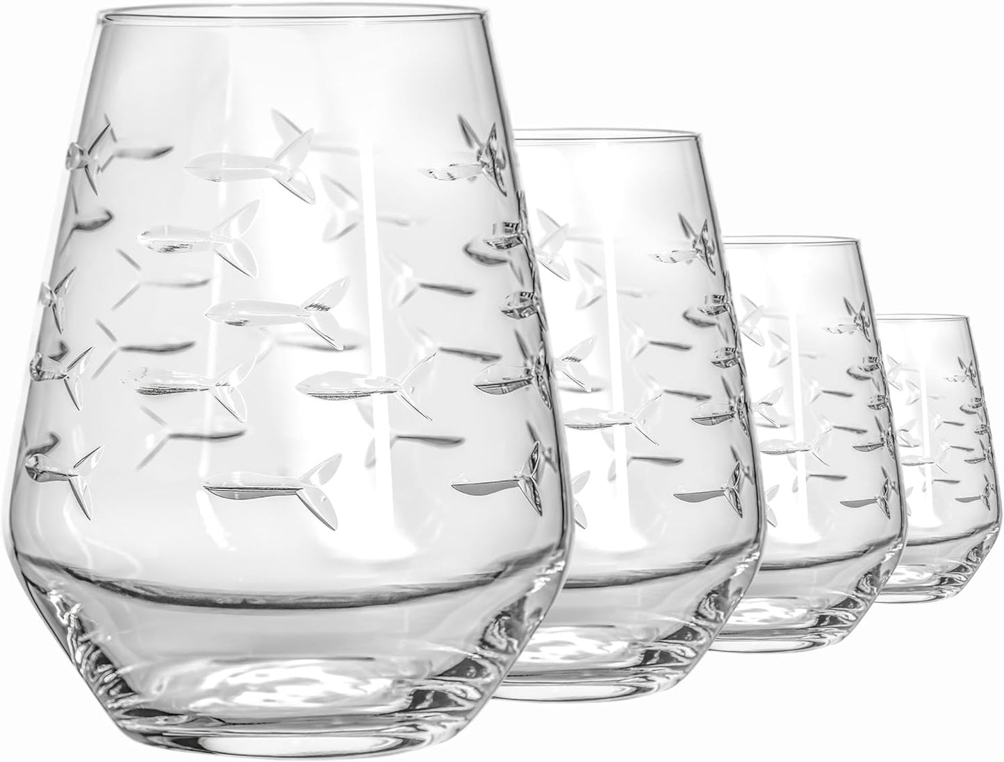 | School of Fish Stemless Tumbler | Stemless Wine Glasses 18Oz | Lead-Free Glass | Engraved and Polished in Pennsylvania | US Made (Set of 4)