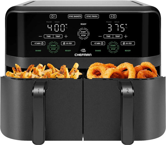 Dual Basket Air Fryer W/ Digital Touchscreen, 2 Independent 3 Qt Baskets, Sync Finish - Black, New