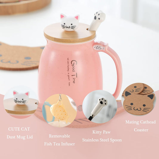 Kawaii Tea Cup with Infuser Cute Cat Mug Ceramic Coffee Mug Tea Mug Pink Cute Cool Preppy Stuff Gifts for Women Cat Lover Gifts 13Oz